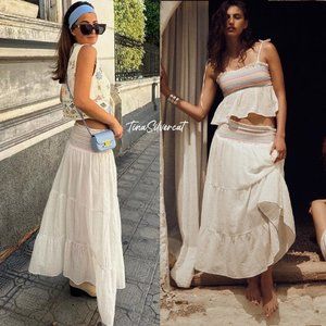 Zara Cream Tiered Maxi Skirt Set with Pastel Smocked Detail